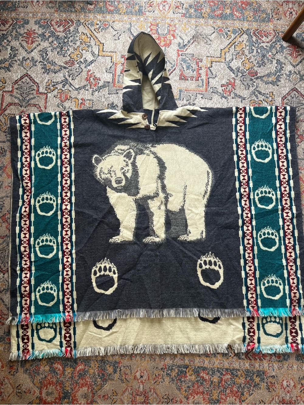 Bear Hooded Poncho Blanket - Black and Teal 50% Alpaca 50% Wool Made in Ecuador